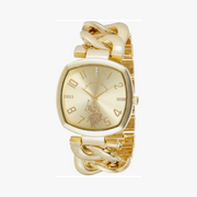 U.S. Polo Assn. Reloj de pulsera para mujer con cadena dorada, caja cuadrada de 38 mm y esfera con piedras