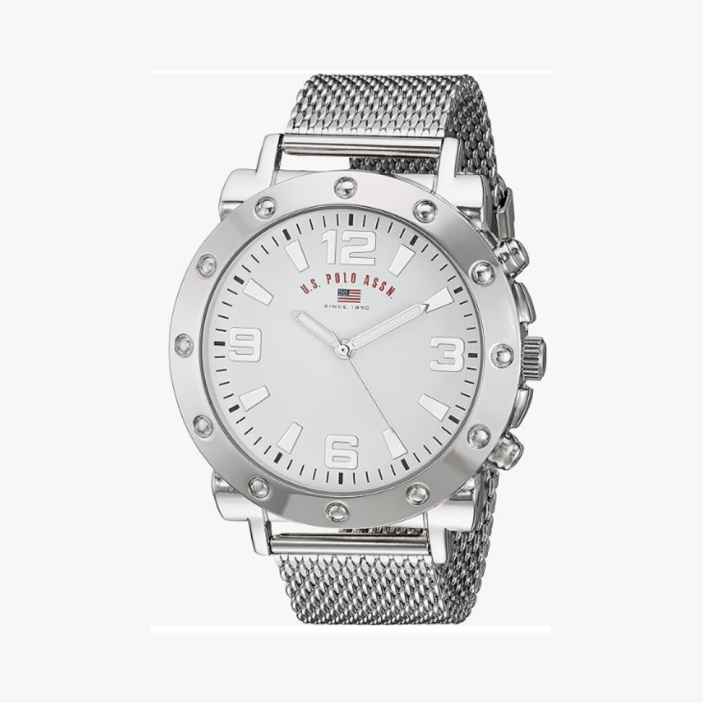 U.S. Polo Assn. Reloj de malla plateado para hombre con esfera blanca y caja de 48 mm